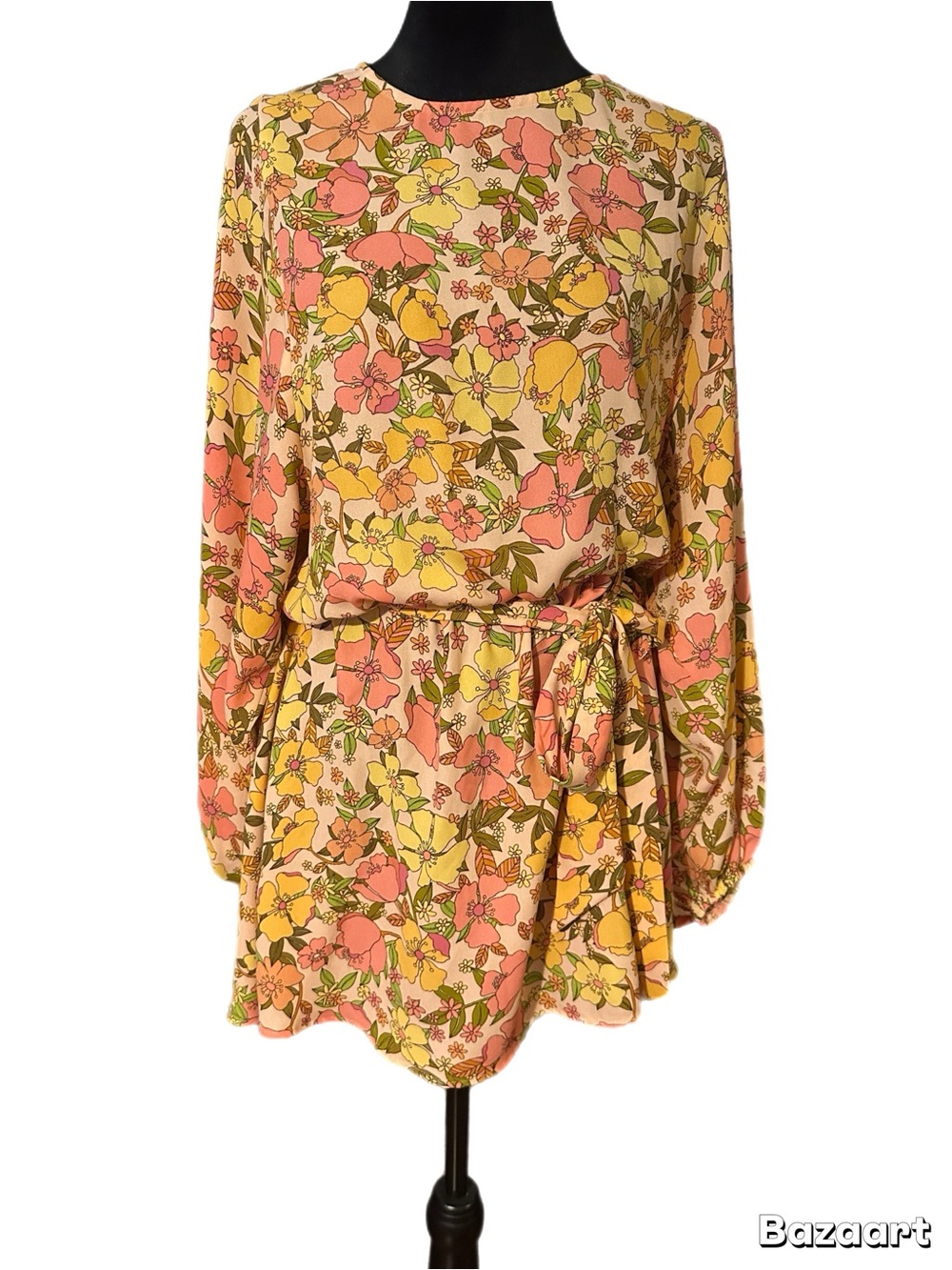 Show Me Your MuMu Floral Tie-Waist Mini Dress in Peach, Yellow & Green